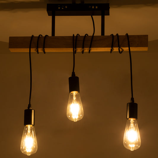 JOLLY 00605 Vintage Κρεμαστό Φωτιστικό Οροφής Τρίφωτο 3 x E27 Μαύρο Μεταλλικό Ξύλινο Ράγα Μ55 x Π6 x Υ30cm έως Y115cm max