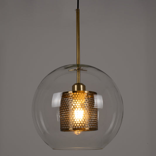 AVERY 00740 Μοντέρνο Κρεμαστό Φωτιστικό Οροφής Μονόφωτο 1 x E27 Διάφανο Γυάλινο με Χρυσό Μεταλλικό Πλέγμα Φ30 x Υ48cm