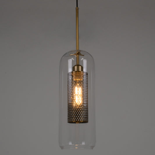 AVERY 00741 Μοντέρνο Κρεμαστό Φωτιστικό Οροφής Μονόφωτο 1 x E27 Διάφανο Γυάλινο με Χρυσό Μεταλλικό Πλέγμα Φ15 x Υ60cm