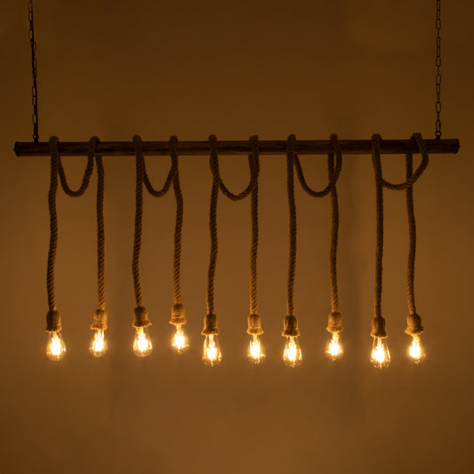 RAILROAD 01380 Vintage Industrial Κρεμαστό Φωτιστικό Οροφής Πολύφωτο 10 x E27 Μπρούτζινο Μεταλλικό με Μπεζ Σχοινί Μ150 x Π4 x Y62.5cm