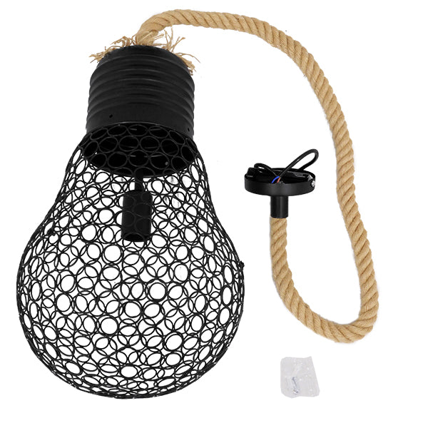 URBAN 01522 Vintage Industrial Κρεμαστό Φωτιστικό Οροφής Μονόφωτο 1 x E27 Μαύρο Μεταλλικό Πλέγμα με Μπεζ Σχοινί Φ28 x Υ40cm