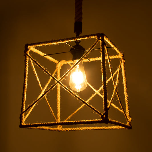 POLISHED 01616 Vintage Κρεμαστό Φωτιστικό Οροφής Μονόφωτο 1 x E27 Πλέγμα με Μπεζ Σχοινί Μ30 x Π28 x Υ30cm