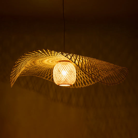 CINNABAR 01838 Boho Κρεμαστό Φωτιστικό Οροφής Μονόφωτο 1 x E27 AC220-240V IP20 - Φ100 x Υ21cm - Μπεζ Ξύλινο Μπαμπού Πλέγμα