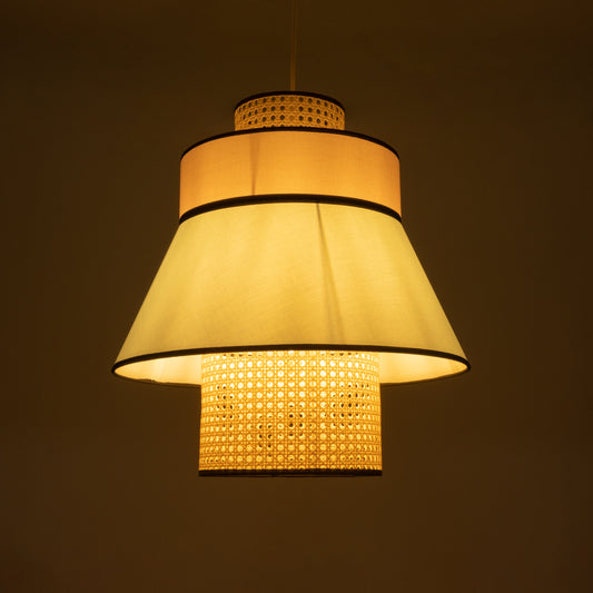 SAIGE 01920 Boho Κρεμαστό Φωτιστικό Οροφής Μονόφωτο 1 x E27 AC220-240V IP20 - Φ50 x Υ54cm - Μπεζ Ξύλινο με Ροζ Γαλάζιο και Μαύρες Λεπτομέρειες Πλέγμα