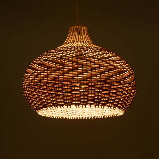 PANAMA 01952 Boho Κρεμαστό Φωτιστικό Οροφής Μονόφωτο 1 x E27 AC220-240V IP20 - Φ40 x Υ34cm - Μπεζ με Καφέ Ξύλινο Μπαμπού Πλέγμα Καμπάνα