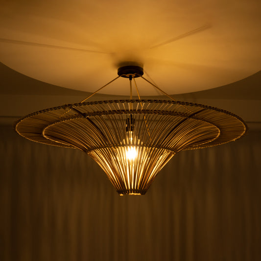 PALERMO 02153 Boho Φωτιστικό Οροφής Μονόφωτο 1 x E27 AC220-240V IP20 - Φ100 x Υ55cm - Μπεζ Ξύλινο Μπαμπού Πλέγμα