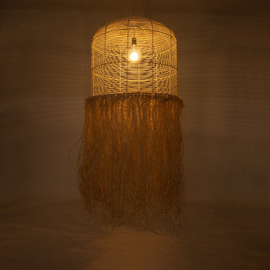 BASSETERRE 02163 Boho Κρεμαστό Φωτιστικό Οροφής Μονόφωτο 1 x E27 AC220-240V IP20 - Φ70 x Υ170cm - Μπεζ Ξύλινο με Μπεζ Καφέ Φυσική Ράφια Νήμα Πλέγμα Καμπάνα