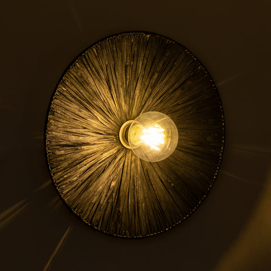 COLOMBO 02279 Boho Φωτιστικό Τοίχου - Απλίκα Μονόφωτο 1 x E27 AC 220-240V IP20 - Φ40 x Υ4.5cm - Μαύρη Φυσική Ράφια Άχυρο Πλέγμα