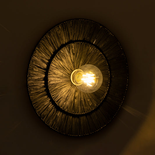 COLOMBO 02280 Boho Φωτιστικό Τοίχου - Απλίκα Μονόφωτο 1 x E27 AC 220-240V IP20 - Φ40 x Υ4.5cm - Μαύρη Φυσική Ράφια Άχυρο Πλέγμα