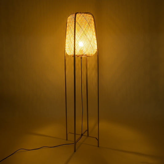 MEILANI 02301 Boho Επιδαπέδιο Φωτιστικό Μονόφωτο 1 x E27 AC220-240V IP20 - Φ40 x Υ150cm - Χρυσό Μεταλλικό με Μπεζ Ξύλινο Ρατάν Πλέγμα