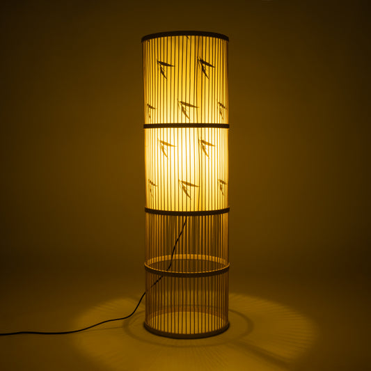 FALKLAND 02307 Boho Επιδαπέδιο Φωτιστικό Μονόφωτο 1 x E27 AC220-240V IP20 - Φ30 x Υ100cm - Λευκό Υφασμάτινο με Μάυρες Λεπτομέρειες και Μπεζ Ξύλινο Μπαμπού Πλέγμα