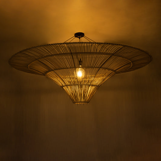 PALERMO 02309 Boho Φωτιστικό Οροφής Μονόφωτο 1 x E27 AC220-240V IP20 - Φ150 x Υ78cm - Μπεζ Ξύλινο Μπαμπού Πλέγμα