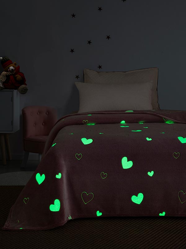 Κουβέρτα Φωσφοριζέ Μονή Hearts Pink Μονή 160x220εκ