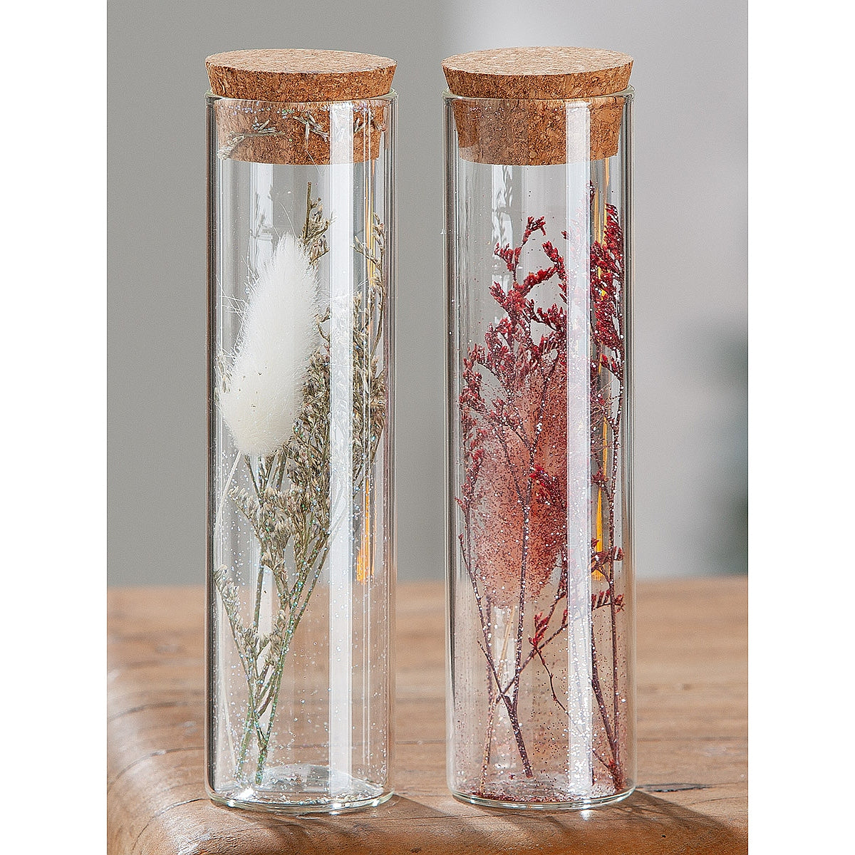 Διακοσμητικό Αποξηραμένο Λουλούδι σε Δοχείο με Glitter Διάφανο Γυαλί 15.5εκ σε 2 Σχέδια