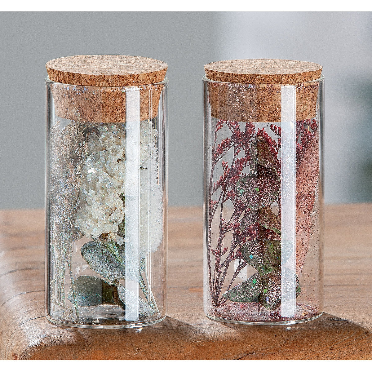 Διακοσμητικό Αποξηραμένο Λουλούδι σε Δοχείο με Glitter Διάφανο Γυαλί 10εκ σε 2 Σχέδια
