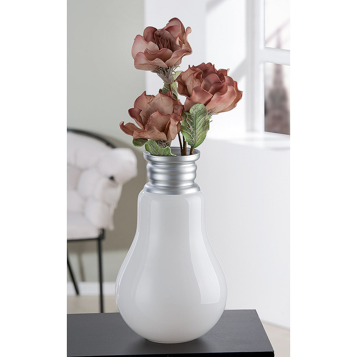 Βάζο Retro Λευκό/Ασημί Γυαλί 36εκ