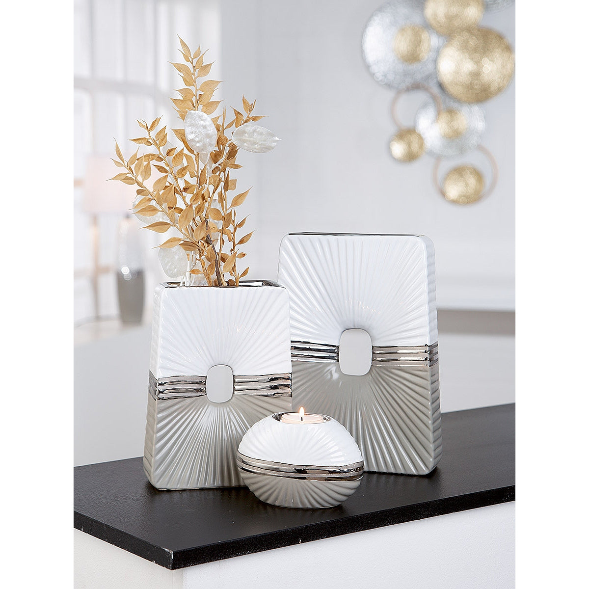 Βάζο Μπεζ/Ασημί/Λευκό Κεραμικό 6x14.5x20