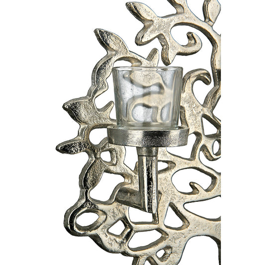 Κηροπήγιο 3θέσιο Δέντρο της Ζωής σε Βάση Ασημί/Φυσικό Αλουμίνιο/Ξύλο 11x36x38