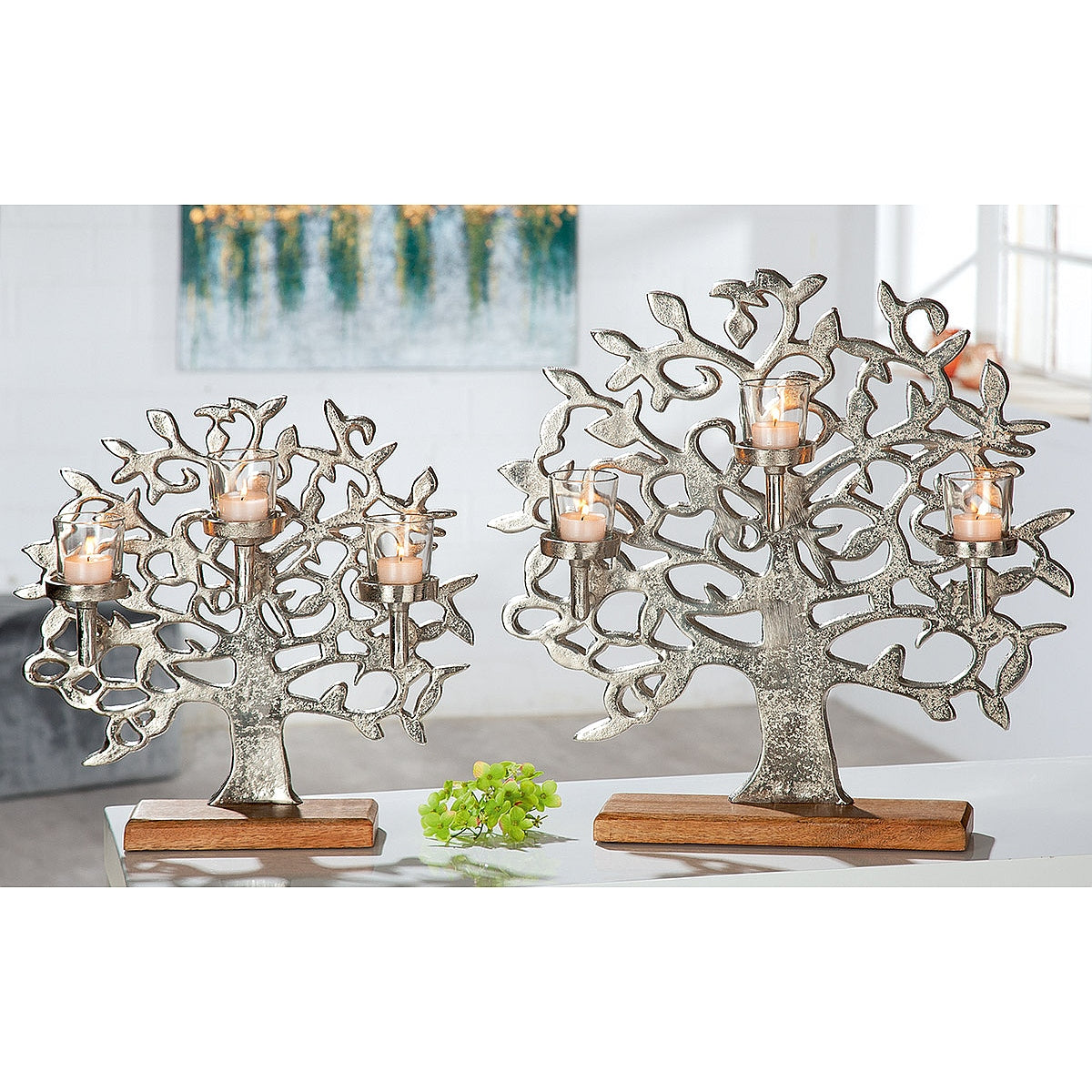 Κηροπήγιο 3θέσιο Δέντρο της Ζωής σε Βάση Ασημί/Φυσικό Αλουμίνιο/Ξύλο 11x36x38