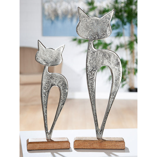 Διακοσμητικό Φιγούρα Γάτας Ασημί/Φυσικό Αλουμίνιο/Ξύλο 5x13x32