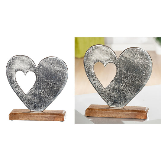 Διακοσμητικό Καρδιά σε Βάση Ασημί/Φυσικό Αλουμίνιο/Ξύλο 5x16x15