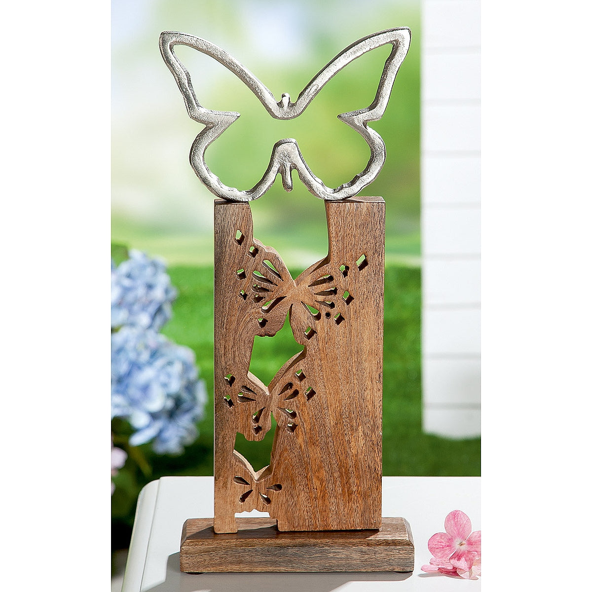 Διακοσμητικό Πεταλούδα σε Βάση Ασημί/Καφέ Ξύλο/Αλουμίνιο 7.5x19x40.5