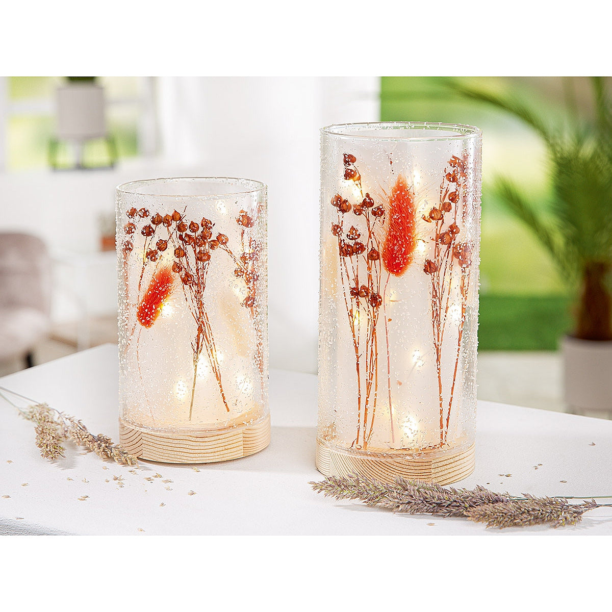 Θήκη Ρεσώ με Αποξηραμένα Λουλούδια Φωτιζόμενη 10 LED Κρεμ Γυαλί 16εκ