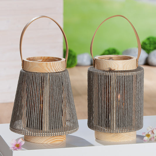 Φανάρι Κυλινδρικό με Χερούλι Φυσικό/Γκρι Ξύλο/Γυαλί 23εκ