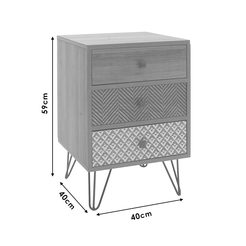 Κομοδίνο Boho με 3 Συρτάρια Καρυδί με Μεταλλικά Πόδια 40x40x59