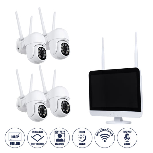 86041 Ασύρματο Καταγραφικό με Οθόνη - 4 x Camera 2MP 1080P WiFi 360° Μοιρών - Αδιάβροχο IP66 - Νυχτερινή Όραση με LED IR - Διπλή Κατέυθυνση Ομιλίας - Ανιχνευτή Κίνησης - Νυχτερινή Λήψη - Λευκό