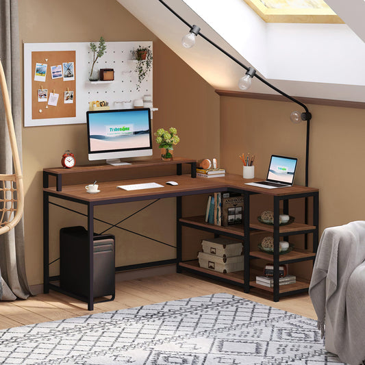 Γραφείο Γωνιακό Αναστρέψιμο Tebul MDF-Metal σε Καρυδί Απόχρωση 130x60x88