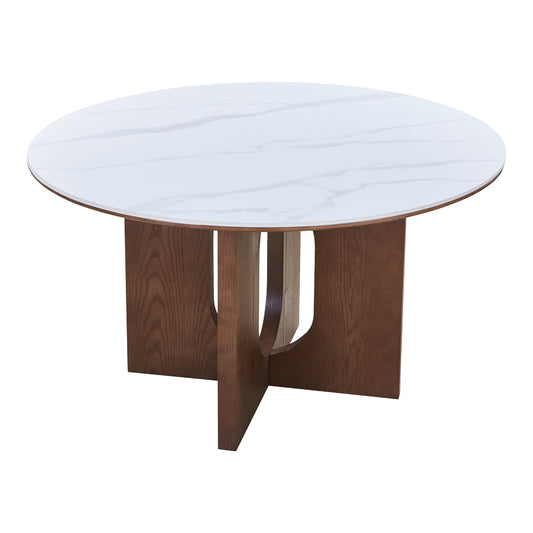 Τραπέζι Merge Sintered Stone-MDF σε Λευκό Μαρμάρου με Καρυδί Βάση Φ130x75