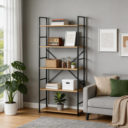 Βιβλιοθήκη Manlo Oak με Μαύρο Μέταλλο 58.6x23.5x144