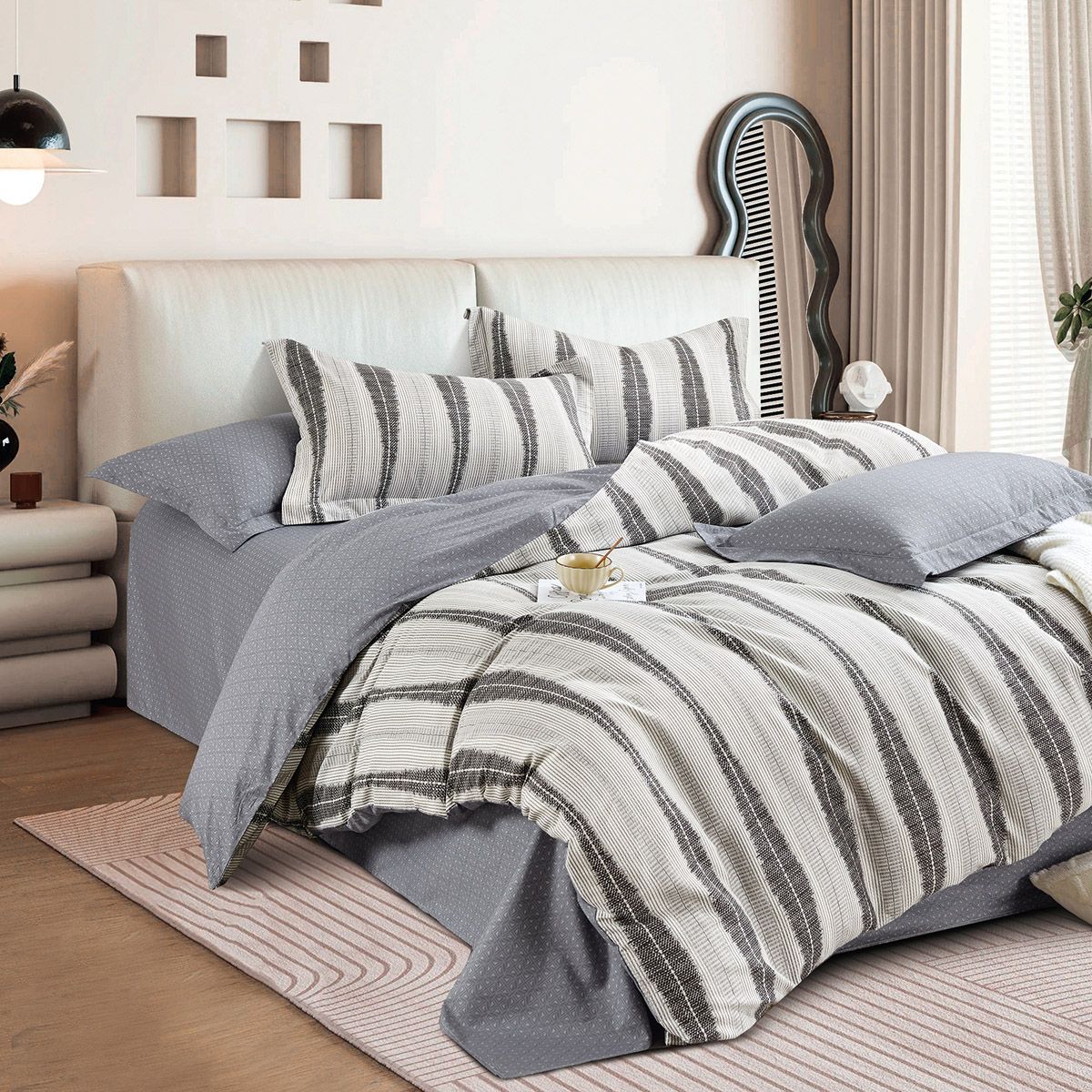 Σετ Παπλωματοθήκη Υπέρδιπλη Art 12288 Adamantia 230x250εκ Εκρού/Ανθρακί