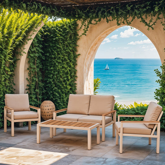 Σαλόνι Κήπου Fashionable Σετ 4 Τμχ Ύφασμα Μπεζ-Λευκό Αλουμίνιο-Plywood σε Φυσική Απόχρωση