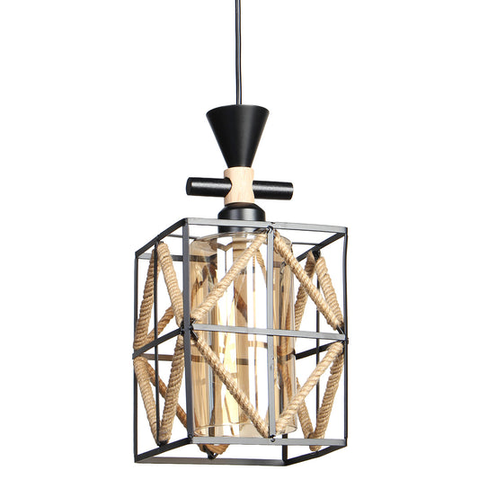 Φωτιστικό Μεταλλικό Κρεμαστό Μονόφωτο Ε27 16x16x33 εκ. Μαύρο με Σχοινί και Γυαλί