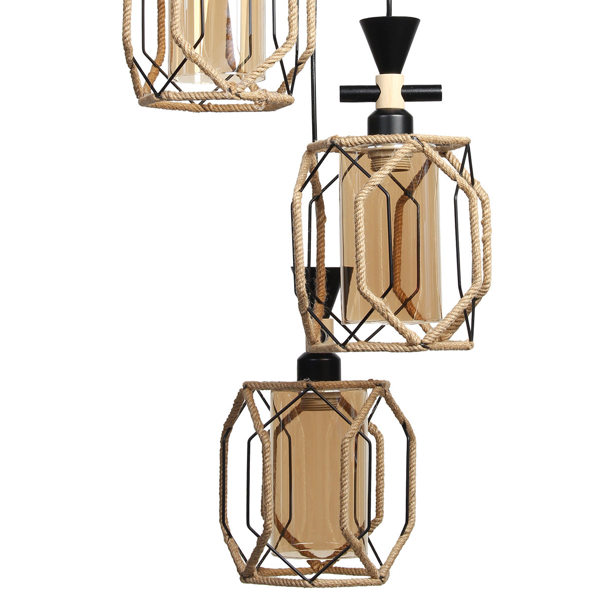 Φωτιστικό Μεταλλικό Κρεμαστό Άνισο 3 x Ε27 Φ23 εκ. Μαύρο με Σχοινί και Γυαλιά