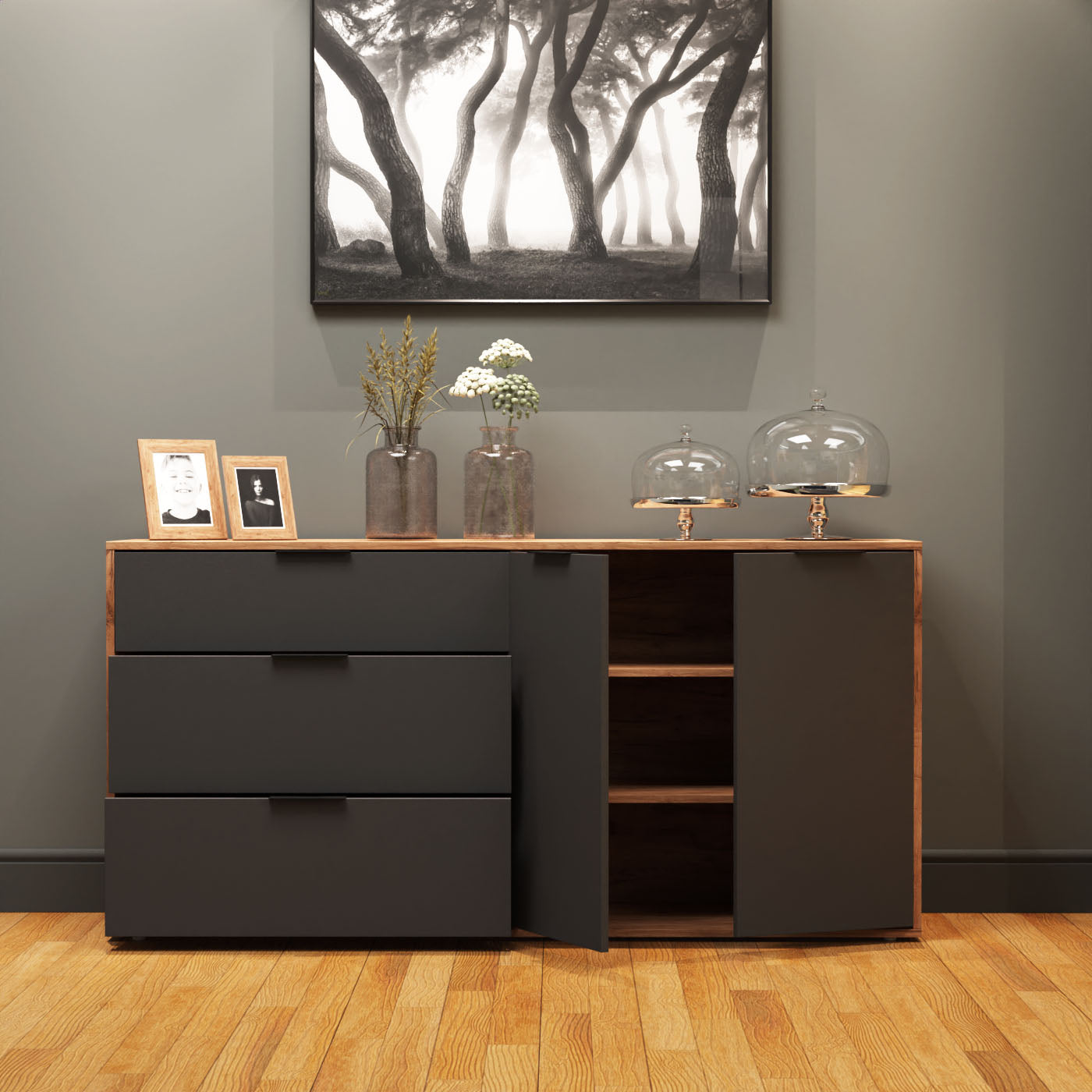 Μπουφές Nitro Γκρι Γραφίτη με Βελανιδιά 160x40x80