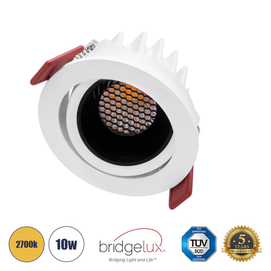 LEO-R 60283 Χωνευτό LED Spot Downlight TrimLess Φ8.5cm 10W 1250lm 38° AC 220-240V IP20 Φ8.5 x Υ6.6cm - Στρόγγυλο - Κινούμενο - Λευκό με Μαύρο Κάτοπτρο & Anti-Glare HoneyComb - Θερμό Λευκό 2700K - Bridgelux COB