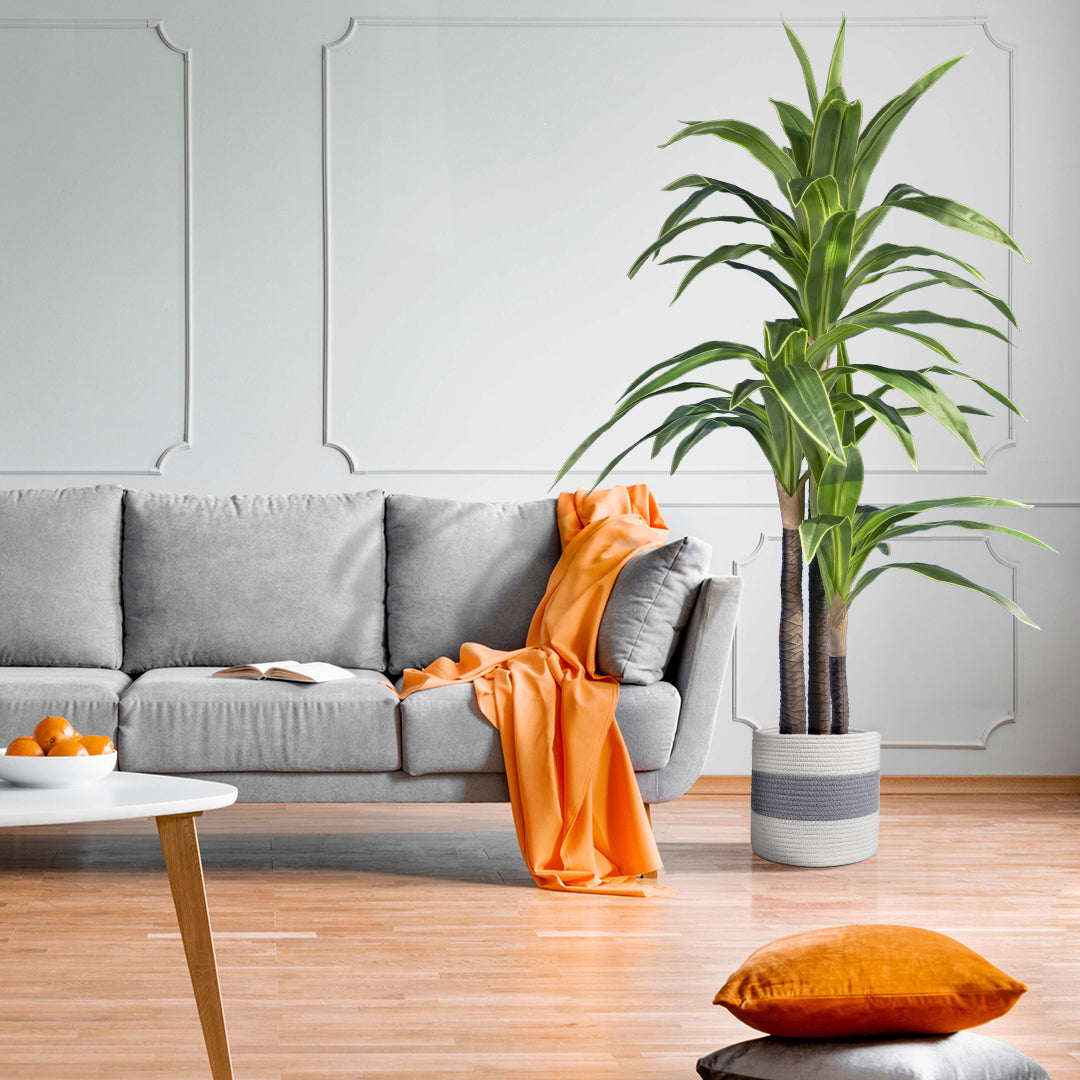 KEFALONIA 20320 Διακοσμητικό Πλεκτό Καλάθι - Κασπώ Γλάστρα - Flower Pot Γκρι με Λευκό Φ30cm x Υ30cm