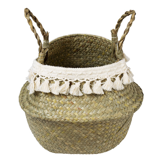 MILOS 20307 Διακοσμητικό Ψάθινο Καλάθι - Κασπώ Γλάστρα - Flower Pot Μπεζ με Μακραμέ Φ21cm x Υ26cm