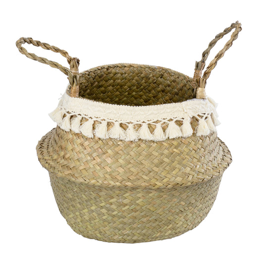 MILOS 20308 Διακοσμητικό Ψάθινο Καλάθι - Κασπώ Γλάστρα - Flower Pot Μπεζ με Μακραμέ Φ32cm x Υ28cm