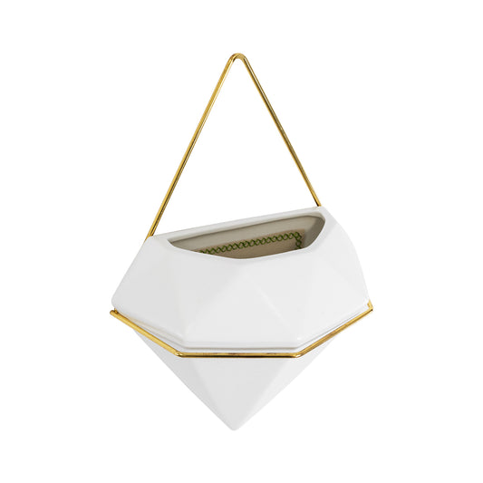 LOUVRE 20534 Διακοσμητικό Κεραμικό Κασπώ Γλάστρα - Flower Pot Λευκό με Χρυσό Μ20 x Π10.5 x Υ30cm