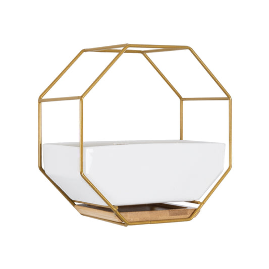 MANDRITE 20556 Διακοσμητικό Κεραμικό Κασπώ Γλάστρα - Flower Pot Λευκό με Χρυσό Μεταλλικό Πλέγμα και Καφέ Ξύλινη Βάση Μ18 x Π10 x Υ18cm