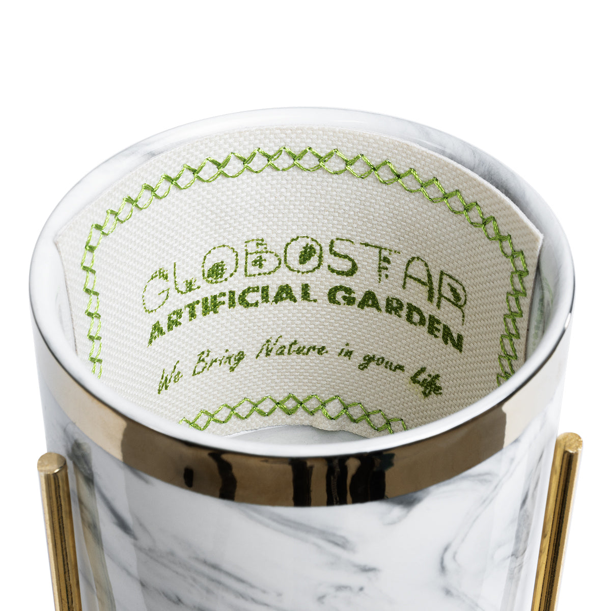 ALASKA 20565 Διακοσμητικό Κεραμικό Κασπώ Γλάστρα - Flower Pot Λευκό με Χρυσή Μεταλλική Βάση και Μαύρες Λεπτομέρειες Φ8 x Υ15cm