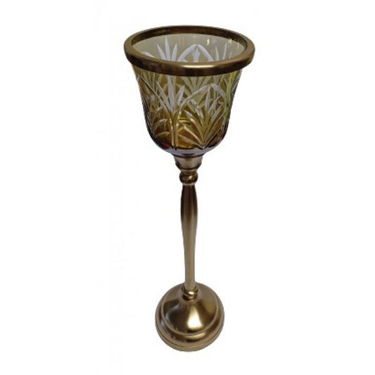 Κηροπήγιο Γυάλινο/Μεταλλικό Μελί/Χρυσό 12x12x38