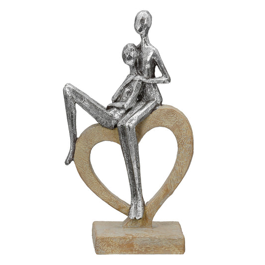 Γλυπτό Καρδιά "Aroha" Couple Motif Πολυρεζίνη Brown Ασημένιο 14x7x26