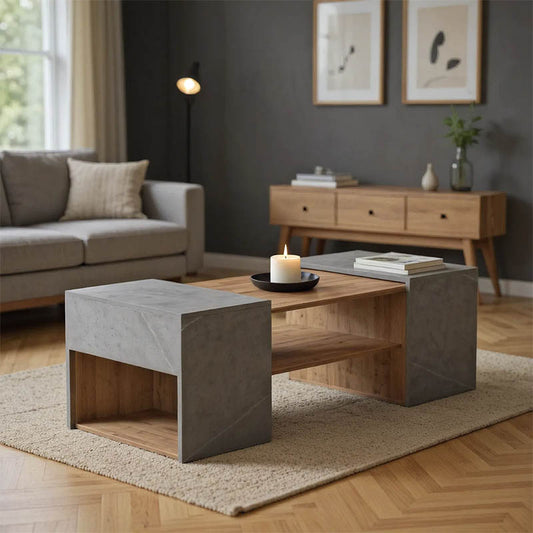 Τραπέζι Σαλονιού Morfi Πολυμορφικό 3 Τεμ σε Oak-Μπεζ Μαρμάρου Απόχρωση 105x45x37