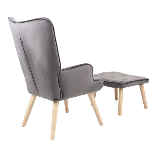 Πολυθρόνα με Υποπόδιο Melisia Γκρι Βελούδο και Ξύλινο Πόδι σε Φυσική Απόχρωση 59x67x94