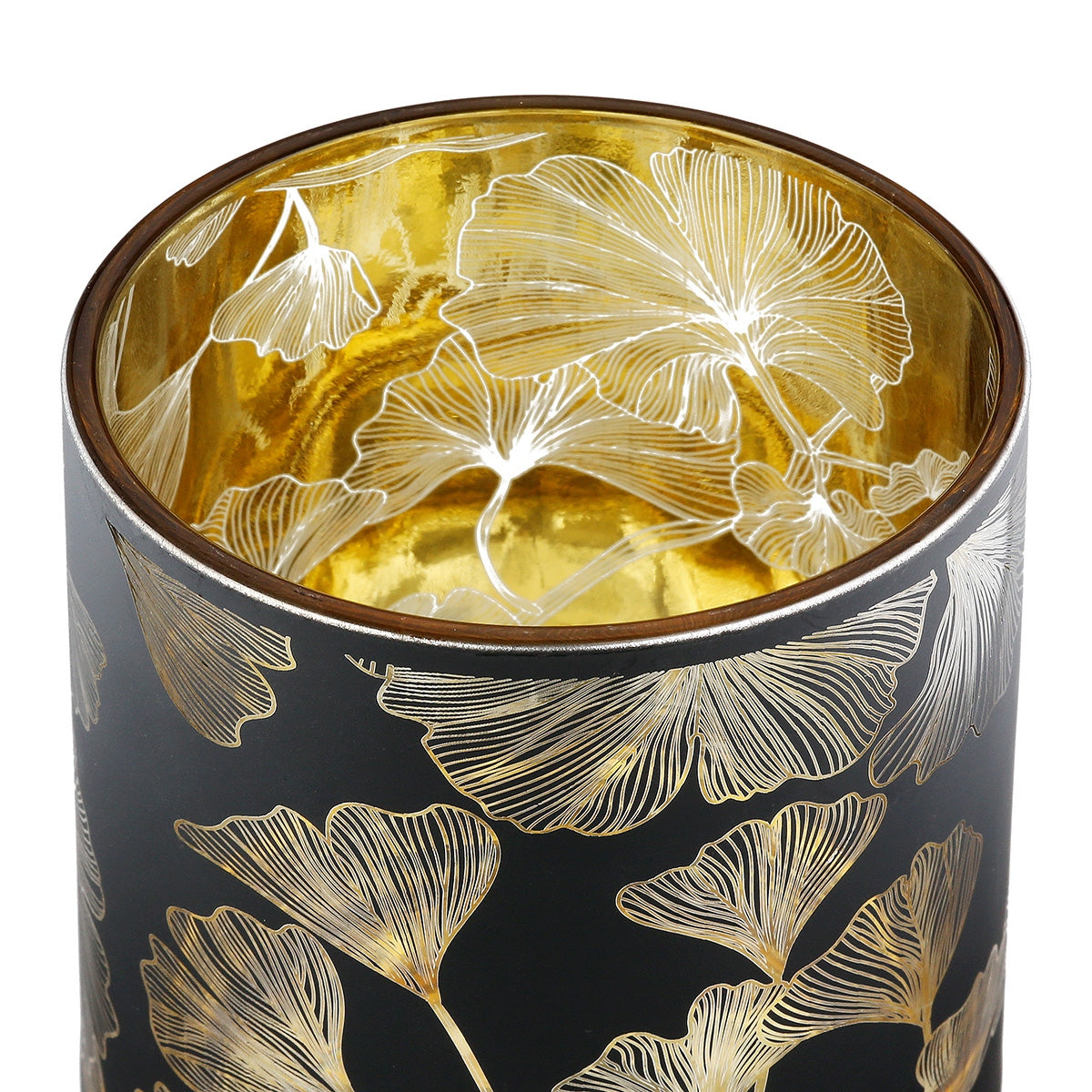 Φανάρι Καταιγίδας Cylindrical "Ginkgo" Ginkgo Motif Γυάλινο Μαύρο 7x7x18